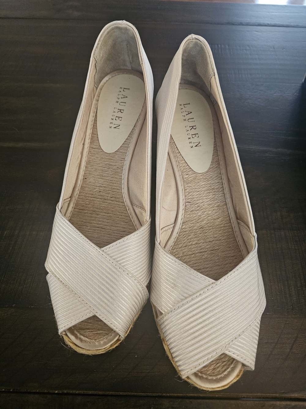 Ralph Lauren Neutral Cream/Beige Espadrille Peep-Toe Wedges